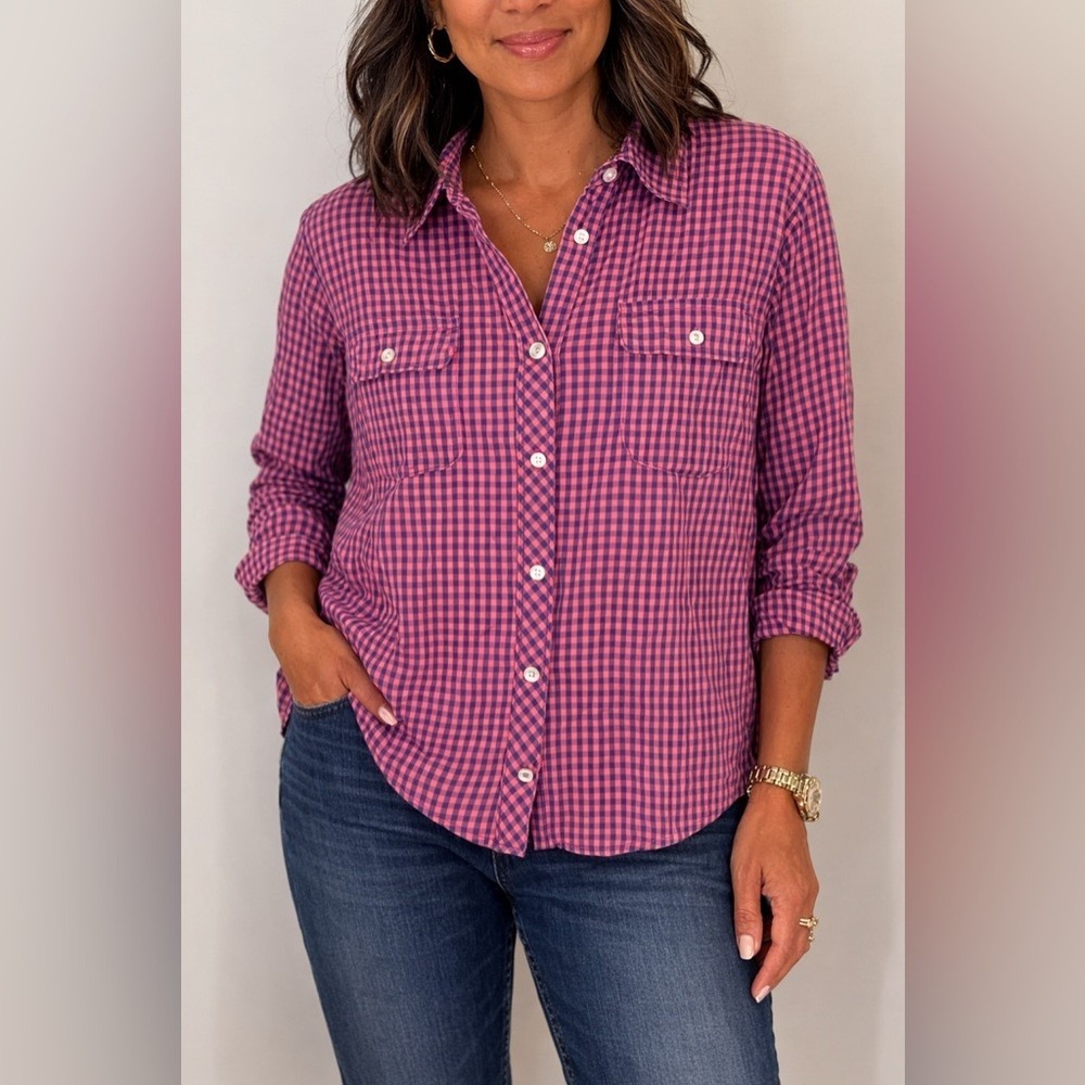 Talbots Petites Pink Navy Gingham Cotton Button Down Shirt 14P Long Sleeve